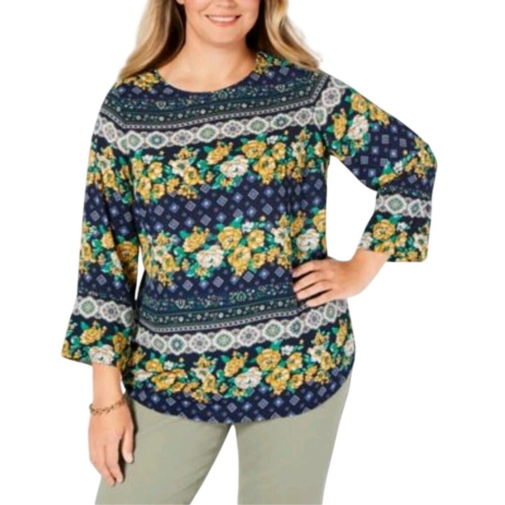 Charter Club Classic‎ Melange Floral Print Bell Sleeve Top Petite Medium NWT